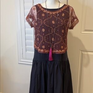 Free People Sheer Sequinned Net Top Burgundy Medium